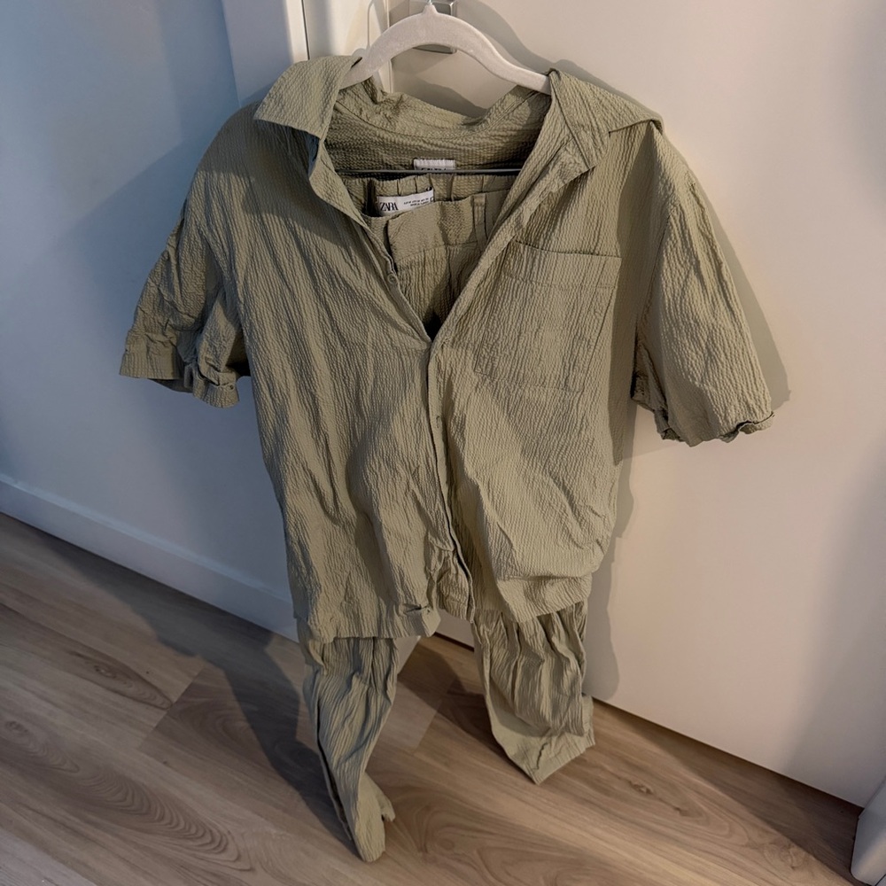 Zara Light Olive Casual Button Down Shirt with matching pants